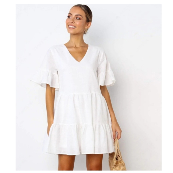 Fancyinn Dresses & Skirts - • Neutral Ruffled Babydoll Swing Shift Mini Dress •